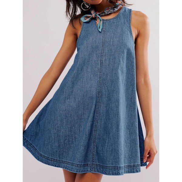 Ærmeløs, afslappet denimkjole til kvinder med rund hals, vintage babydoll-jeans minikjoler med lommer Dark Blue XL