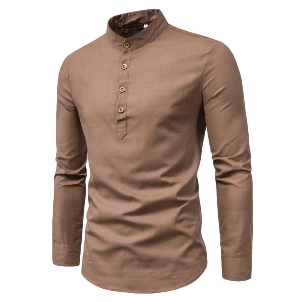 Henley-halsade långärmade linneskjortor för män brown 3XL