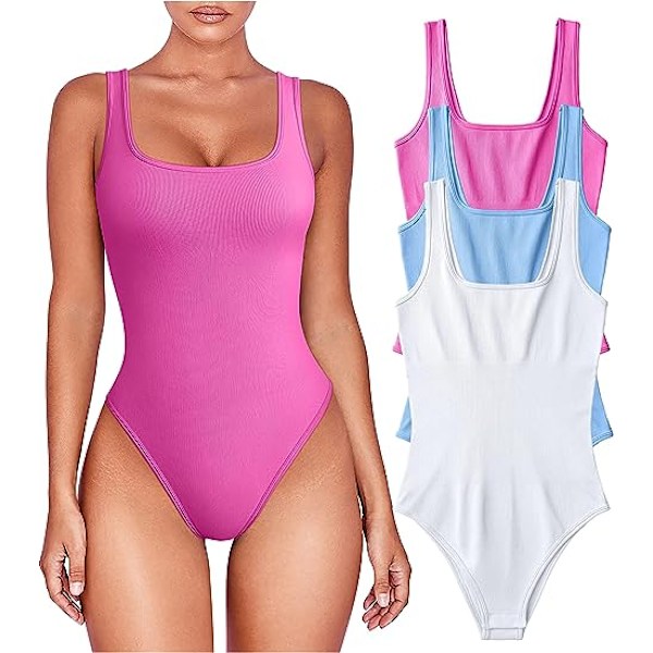 3-delt Bodysuit for Kvinner - Sexy Ribbet En-delt Tanktopp uten Ermer Pink blue White M