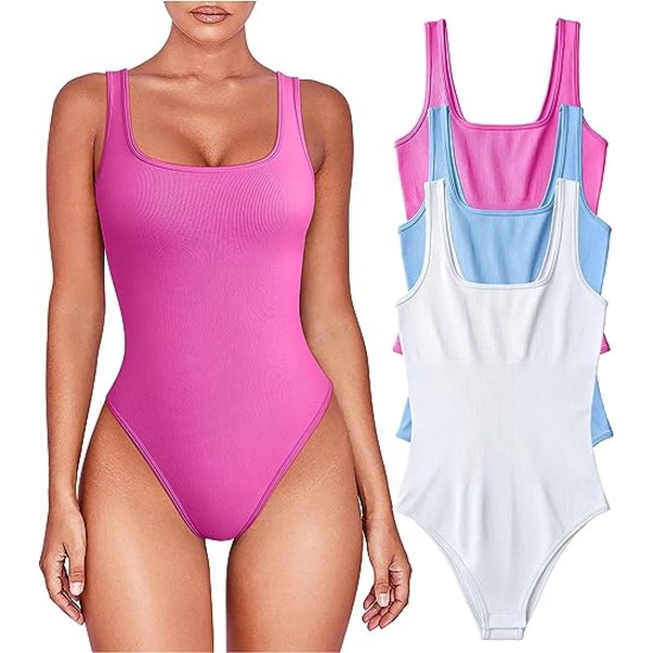 3-pack Dam Bodysuits - Sexig Ribbad En-dels Sleeveless Tank Top Bodysuits Pink blue White S