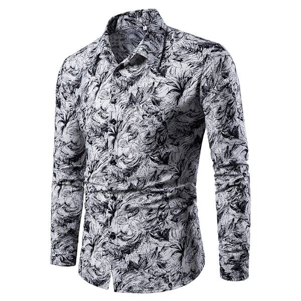 Mænds Langærmet Cardigan-Knap Trykt Lapel Skjorte White XL