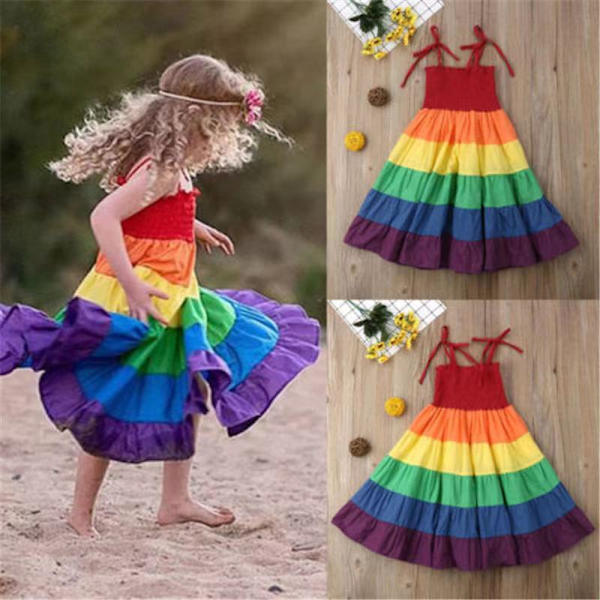 Spädbarnsflickor Regnbågsklänning Prinsessa Ärmlös Halter Strand Tutu Klänning 110