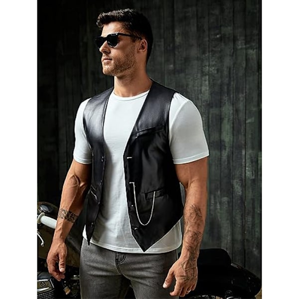 Herre PU Læder Ærmeløs Motorcykel Biker Vest Jakke black XL