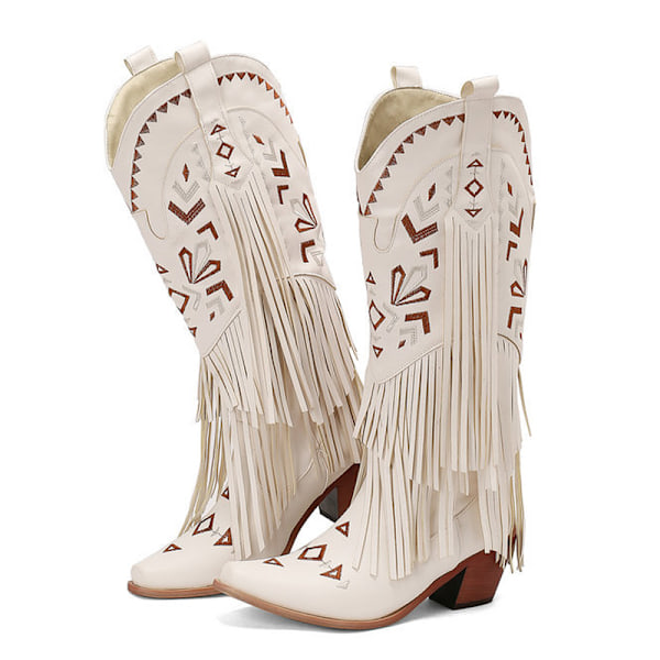 Damskor Cowgirl Boots Knähöga Fransboots Tassel Western Boots White 38