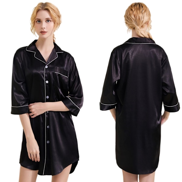 Kvinnors långärmade nattskjorta nattlinnen i satäng black XL