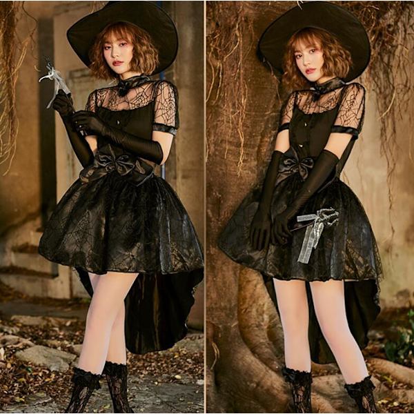 Halloween-kostym för kvinnor med nätutskärningar i häxdesign Black