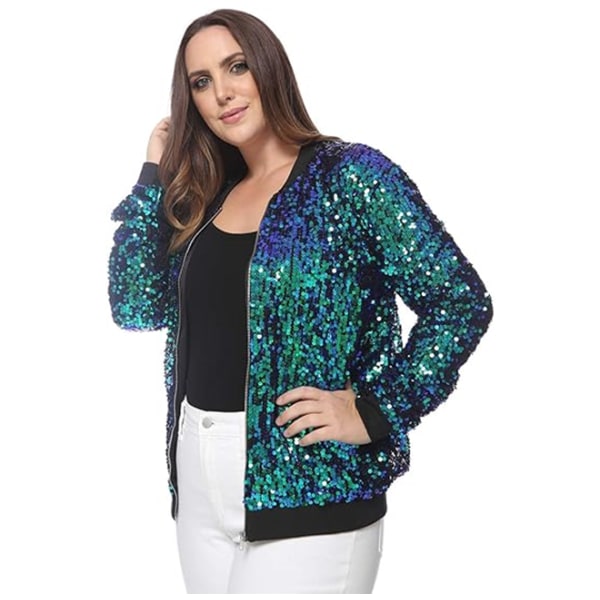 Kvinners Sequin Fitted Lang Ermet Glidelås Blazer Bomberjakke Green L