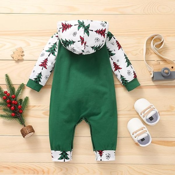 Nyfødt Spædbarn Babytøj Julemandstryk Romper Hætte Langærmet Jumpsuit Green 80