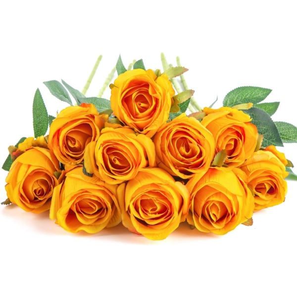 10 stk Kunstige Roseblomster Lange Stilker Kunstige Silke Roser Dark Yellow