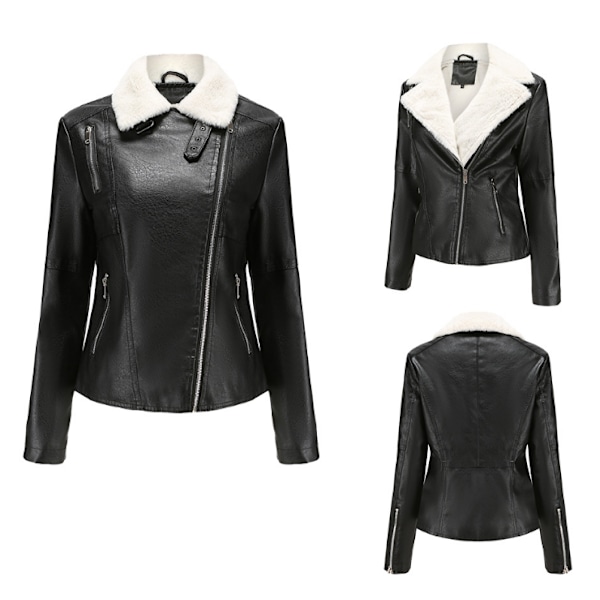 Kvinnors dragkedja Casual PU-läder cropped jacka black M