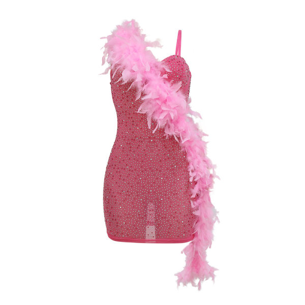 Kvinnlig Sexy Mesh Rhinestone Hot Drilling Slingklänning Pink XL