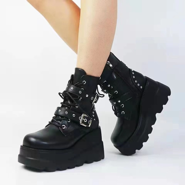Dame Platform Støvler Punk Snørebånd Combat Støvler 37