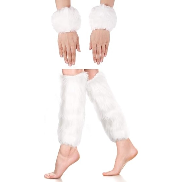 2 Par Faux Fur Mansjetter - Lange, Pussede Beinvarmere White