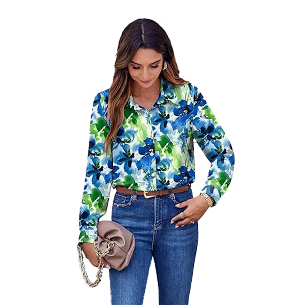 Dam Skjortor med Knappar Blommig Tryck Långärmad Vardaglig Topp Blue L