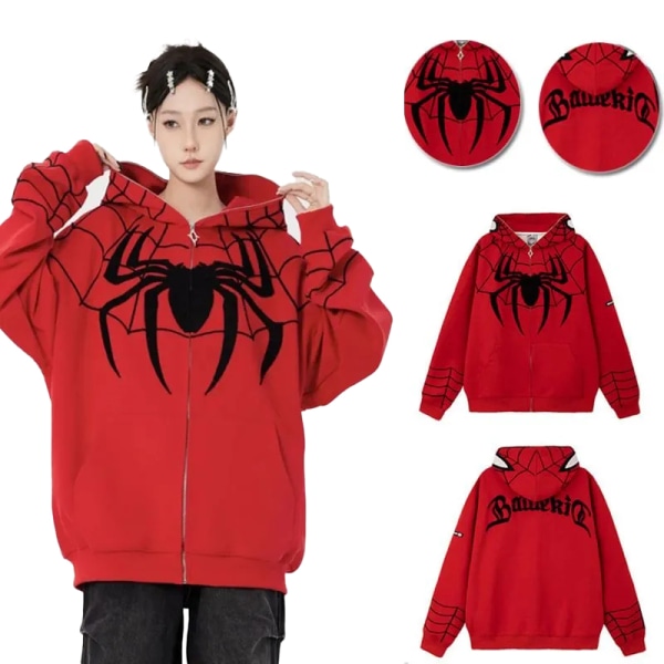 Miesten Hupun Varustettu Pitkähihainen Huppari Spider-Kuvioinnilla, Vetoketjullinen red XL