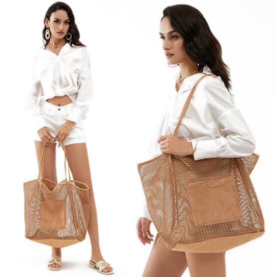 Mesh Beach Tote Damaxelhandväska khaki