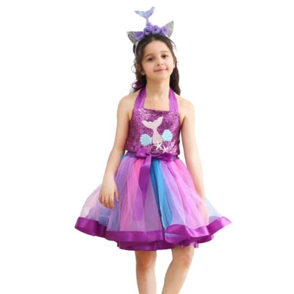 Paljett flickklänning sjöjungfru blommig pösig klänning Purple 120CM