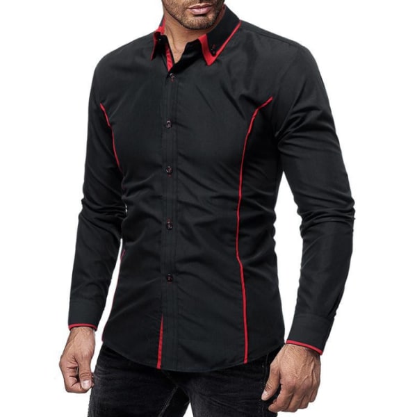 Casual Slim Fit Långärmad Skjorta för män black red L