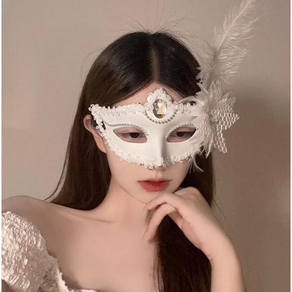 Halloween Mask Halv Ansikte Spets Fjädermasker White