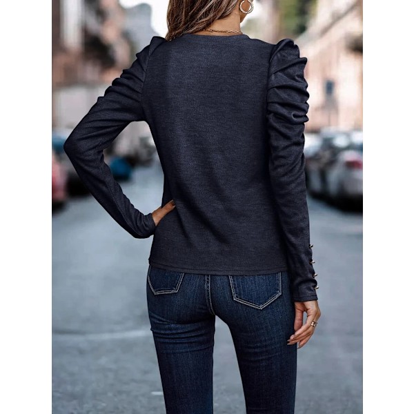 Kvinners Heldekkende Rundhals Puff Lang Erme Slim Fit Skjorte Topper Navy M