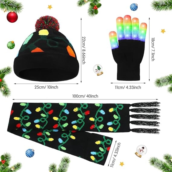 4 stk LED Lysende Julehatt, Halsduk og Hansker for Barn Black