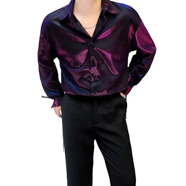 Herre Skjorter Langermet Skinnende Casual Knapper Ned Skjorter Purple L