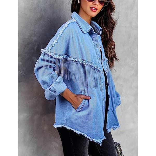 Avslappnad Denimjacka med fransar för kvinnor Light Blue L