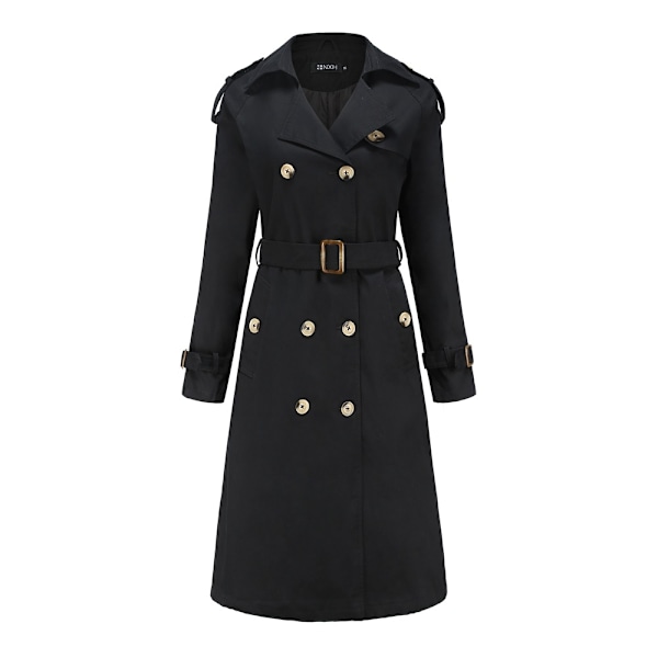 Kvinnors Trenchcoat Lång Dubbelknäppt Höstmode Klassisk Krage Slank Överrock Black M