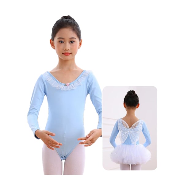 Pige Ballet Leotards Langærmet Danse Tutu Kjole Blue 110