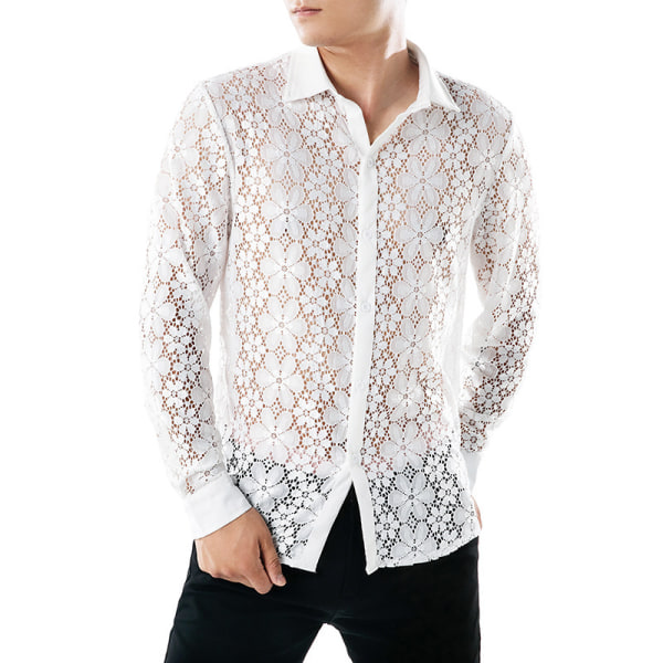 Sexiga blommiga spetsskjortor för män White L
