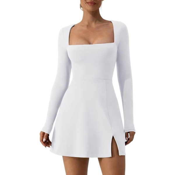 Kvindes Kvadratisk Halsudskæring Bodycon Kjole Langærmet Side Slids Flare Mini Kjole white L