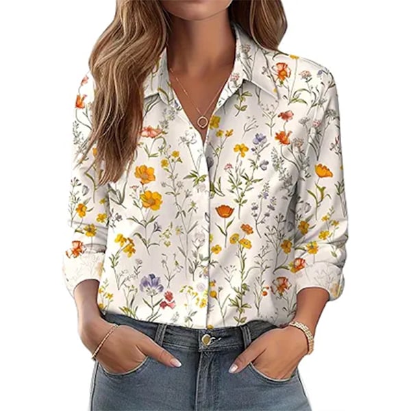 Dam Skjortor med Knappar Blommig Tryck Långärmad Vardaglig Topp Yellow M