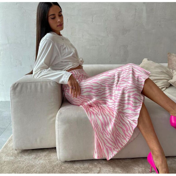Kvinnors satin hög midja printed Casual A Line kjol pink M