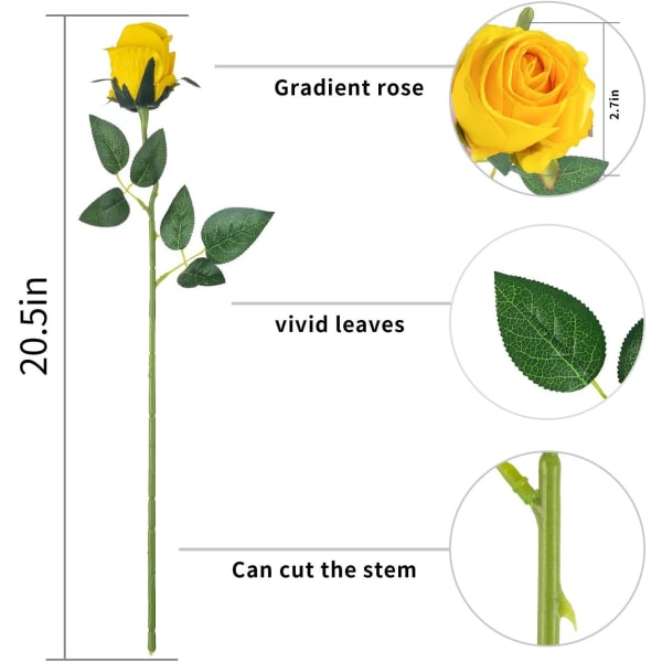 10 stk. Kunstige Rose Blomster Lange Stilk Falske Silke Roser Yellow