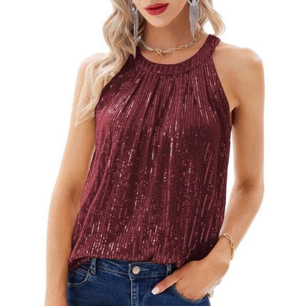 Kvindes Sequin Camisole Festlig Ærmeløs Skjorte Burgundy M