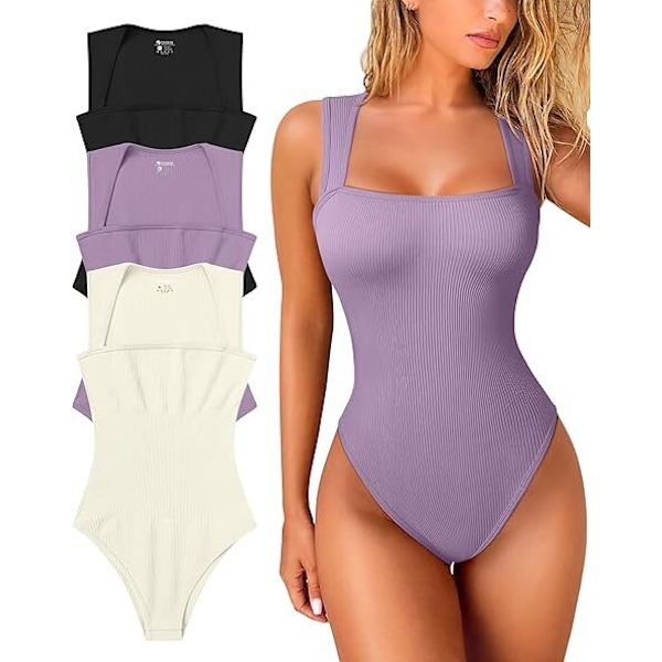 Dam 3-delad Body Sexig Ribbad Axelband Fyrkantig Hals Ärmlös Magekontroll Linne Toppar Bodys purple XL