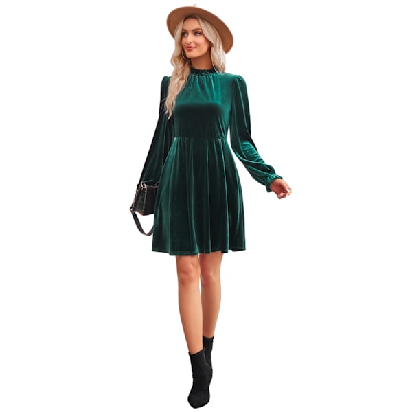 Kvinner Casual Høy Hals Velvet Ensfarget Midje Kjole Green S