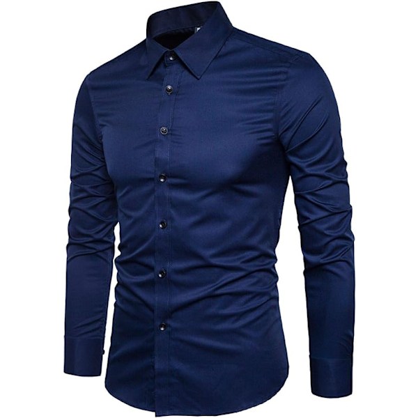 Miesten Slim Cotton Pitkähihainen Napit-Paita Blue M
