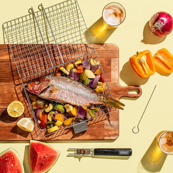 Grillauskori, ruostumattomasta teräksestä valmistettu suuri kokoontaitettava grillauskori kahvalla