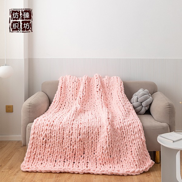 Tyk Strikket Tæppe, Blødt Strikket Hæklet Tæppe til Sofa Hjemmeindretning Pink
