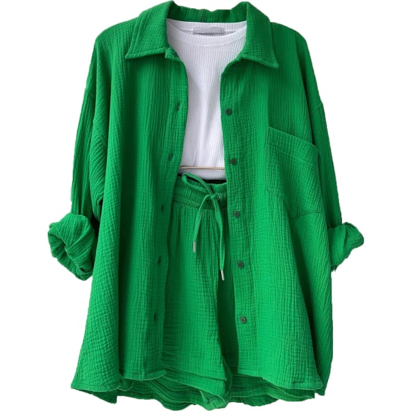 Dam 2-delad byxa set Linne Shirtort set Green M