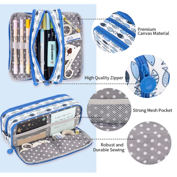 Case Stor kapacitet 3 fack Canvas pennfodral blue