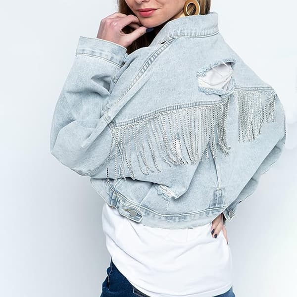 Damjeansjacka med lång ärm, fransar och strass Light Blue M