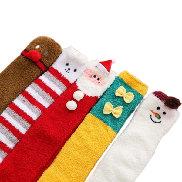 5 Par Julstrumpor, Långa Fuzzystrumpor med Snögubbe, Tomte och Randiga Mönster Red
