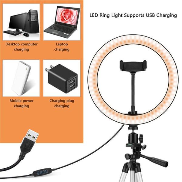 10'' Ringlys med Udtrækkelig Tripod Stativ, LED Cirkellys SILVER