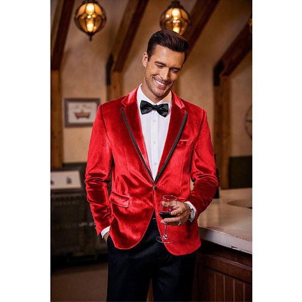 Mænds Fløjl Blazer med Hakket Rever og En Knap - Velour Smokingjakke Red L