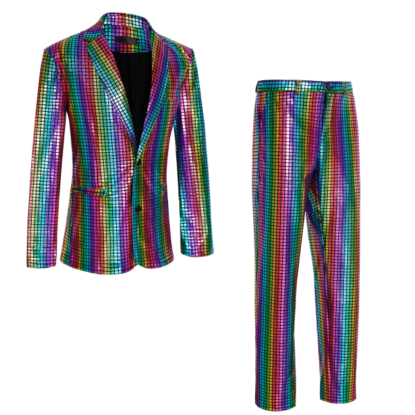 Mænds Metallic Sequin Slim Suit Sæt 70'er Disco Prom Outfit Kostume M