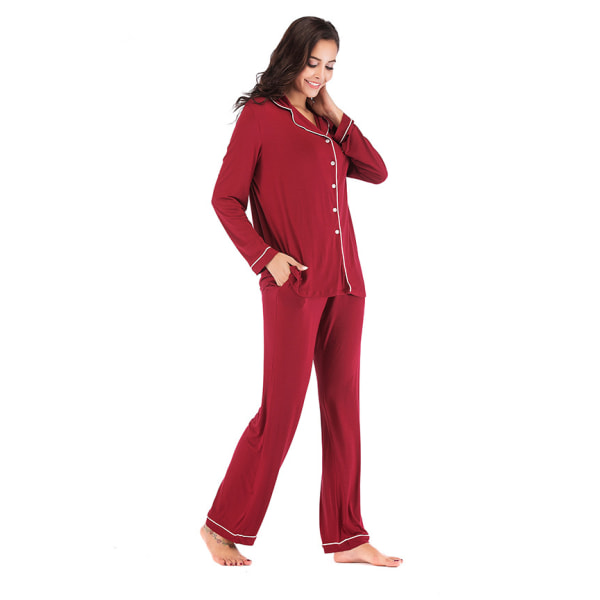 Pyjamas Set för Kvinnor, Långärmad, Knappar, Nattkläder, Bomull, Pj-Set Red XL