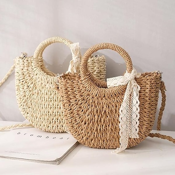 Handvävd Rattanväska för Kvinnor Bohemisk Halmväska Beige