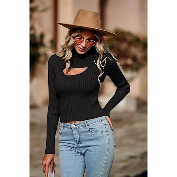 Dam 2-delad Utskuret Topp Långärmad Mock Neck Ribbstickad Vintertröja Black L